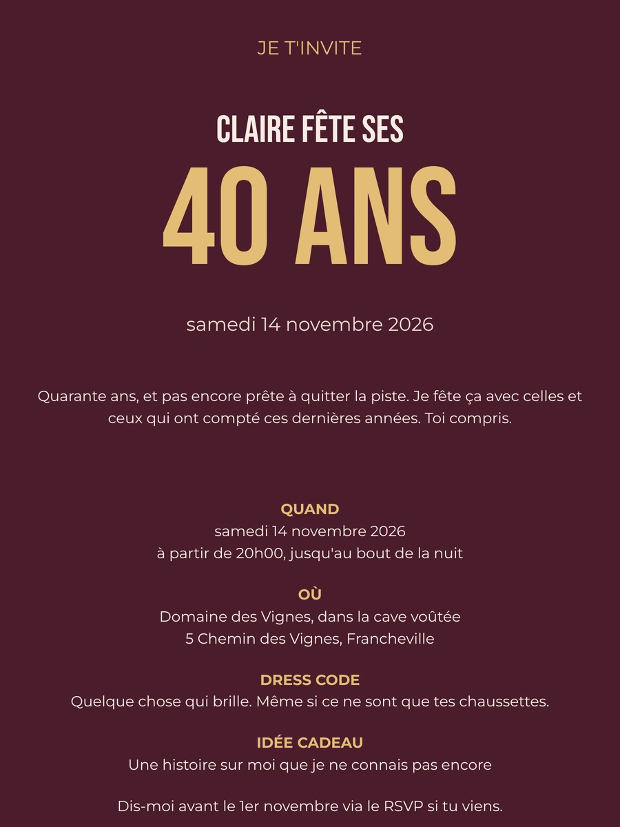 Invitation d&rsquo;anniversaire bordeaux au chiffre dor&eacute;