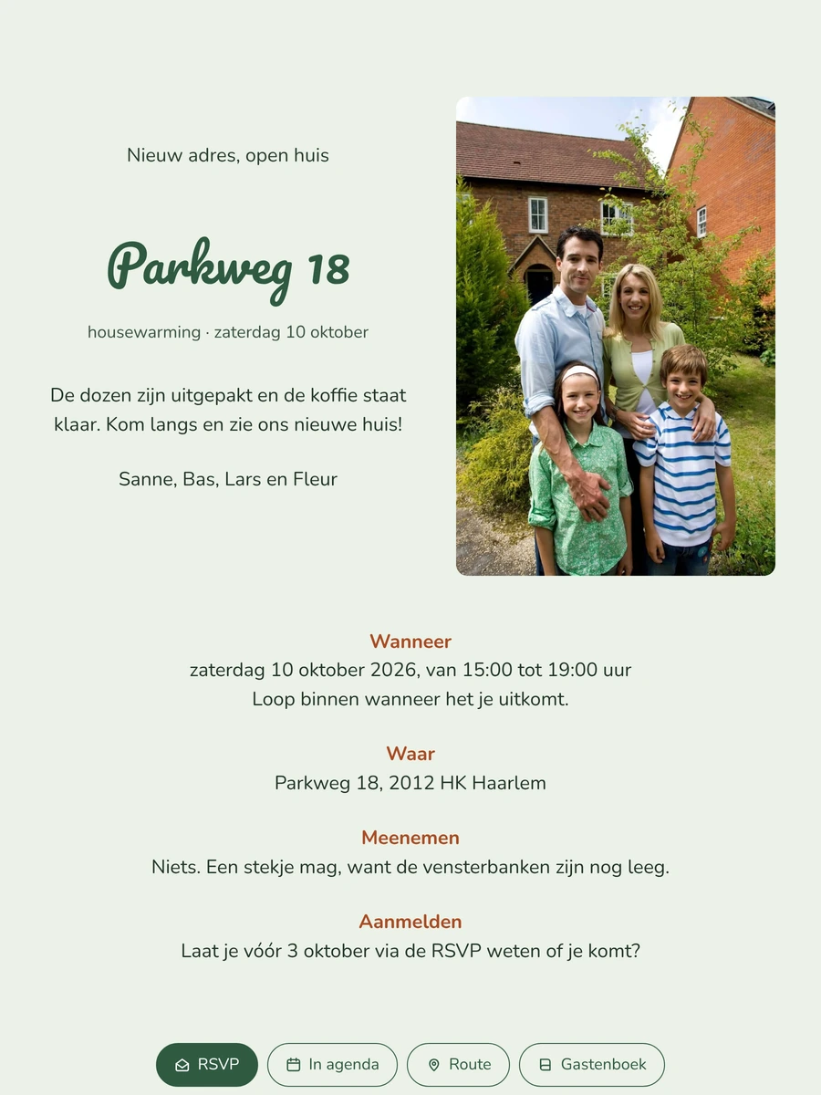 Housewarming-uitnodiging met gezinsfoto