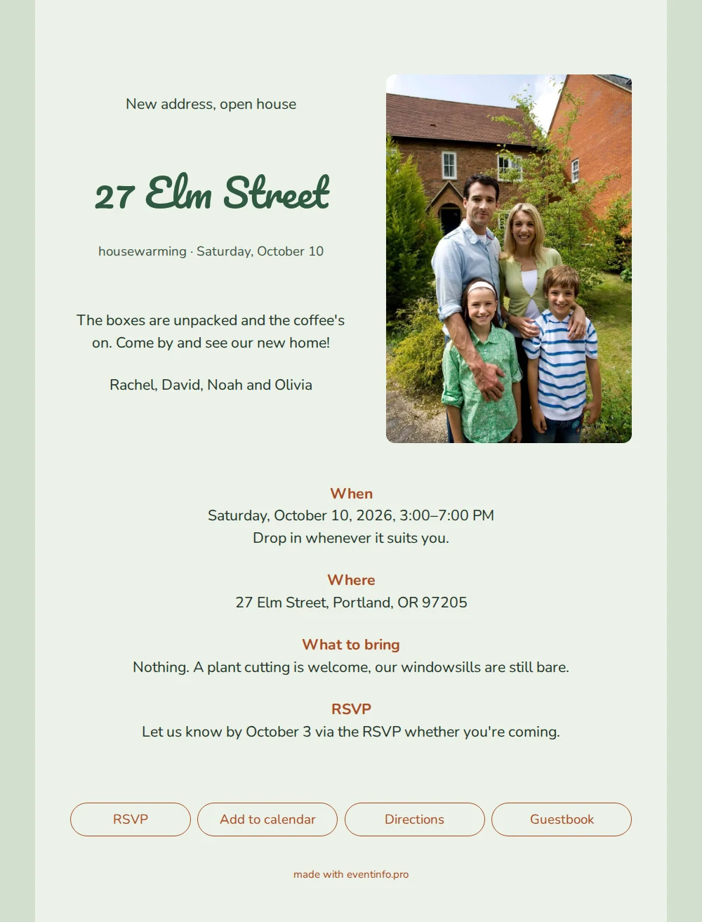 Sage green invitation for an open house &ndash; example 1