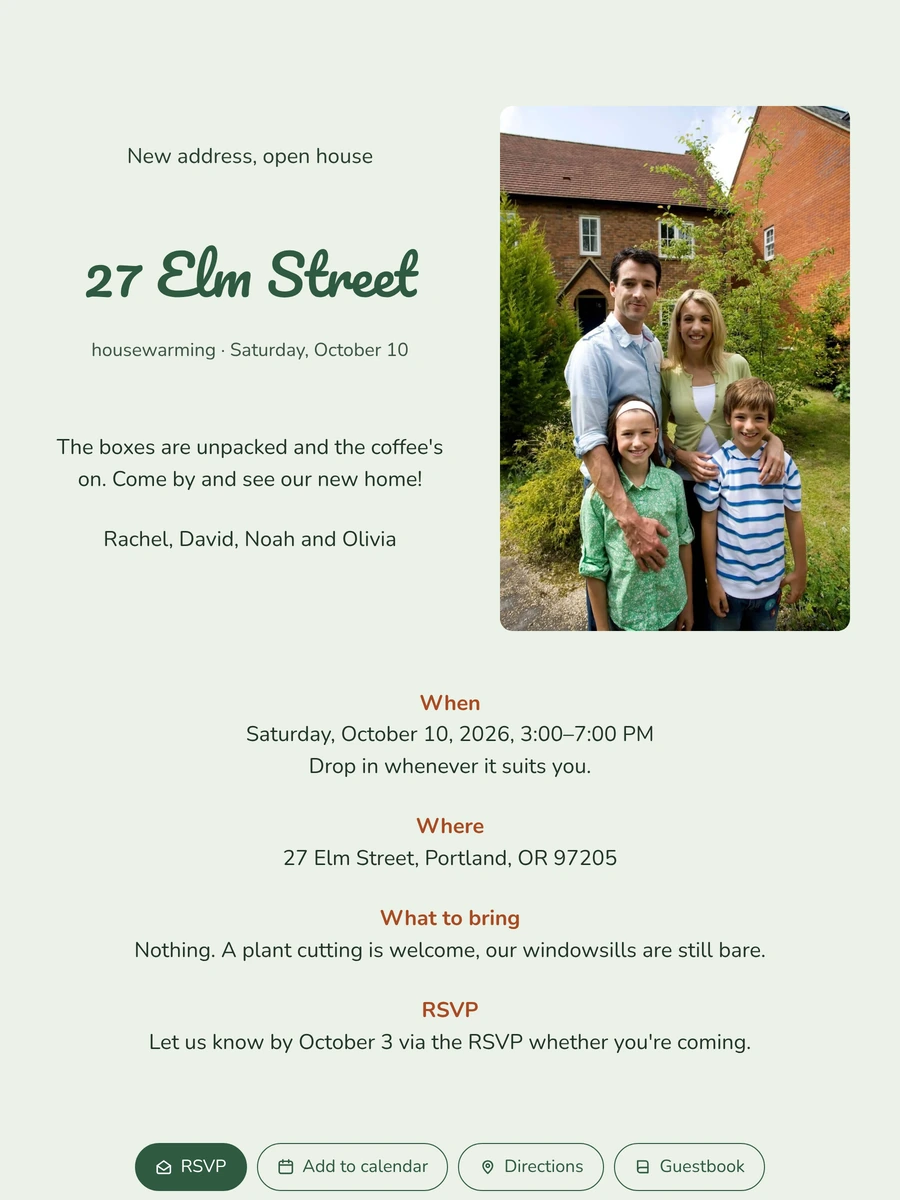 Sage green invitation for an open house