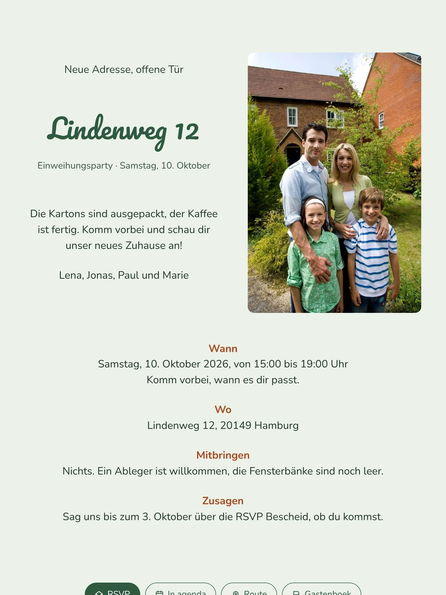Salbeigr&uuml;ne Einladung zum Tag der offenen T&uuml;r