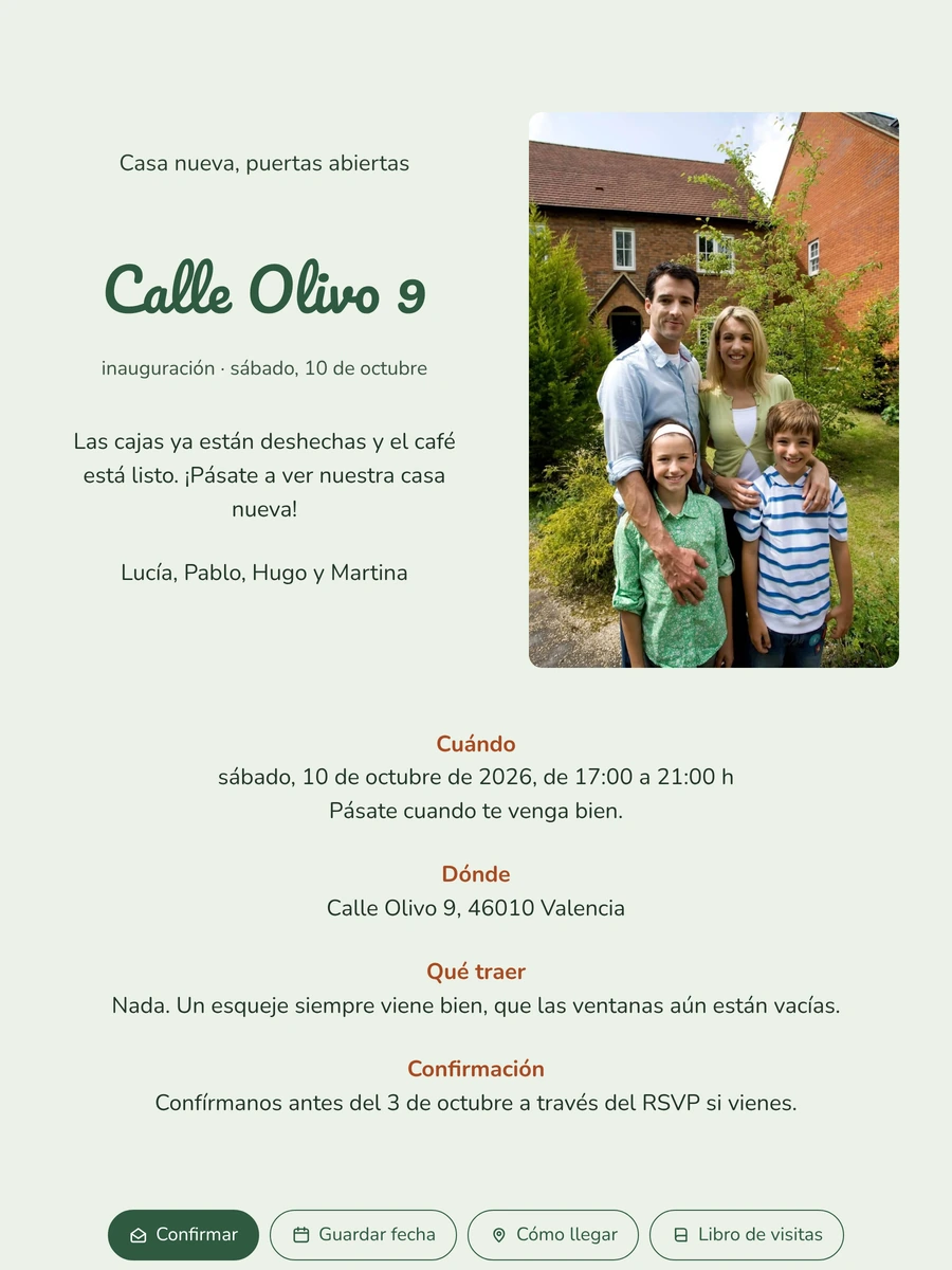 Invitación verde salvia para un día de puertas abiertas