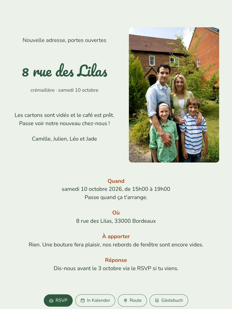 Invitation vert sauge pour des portes ouvertes