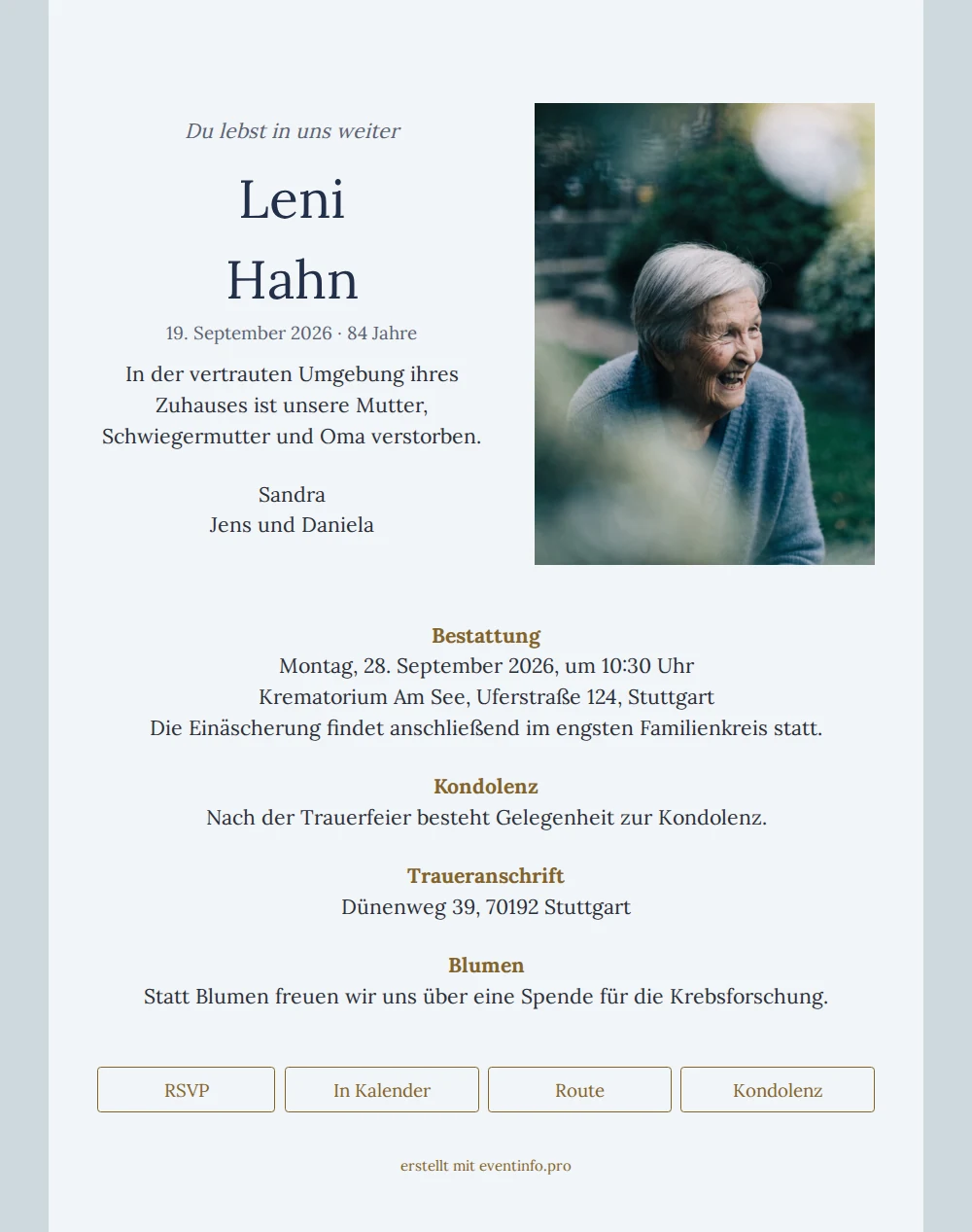 Trauerkarte in Hellblau mit goldenen Überschriften &ndash; example 1