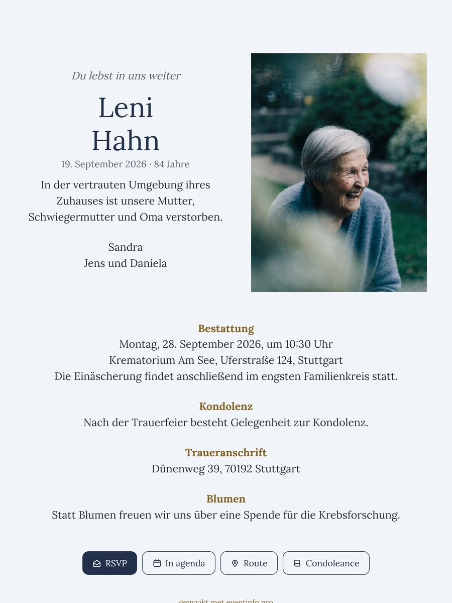 Trauerkarte in Hellblau mit goldenen Überschriften