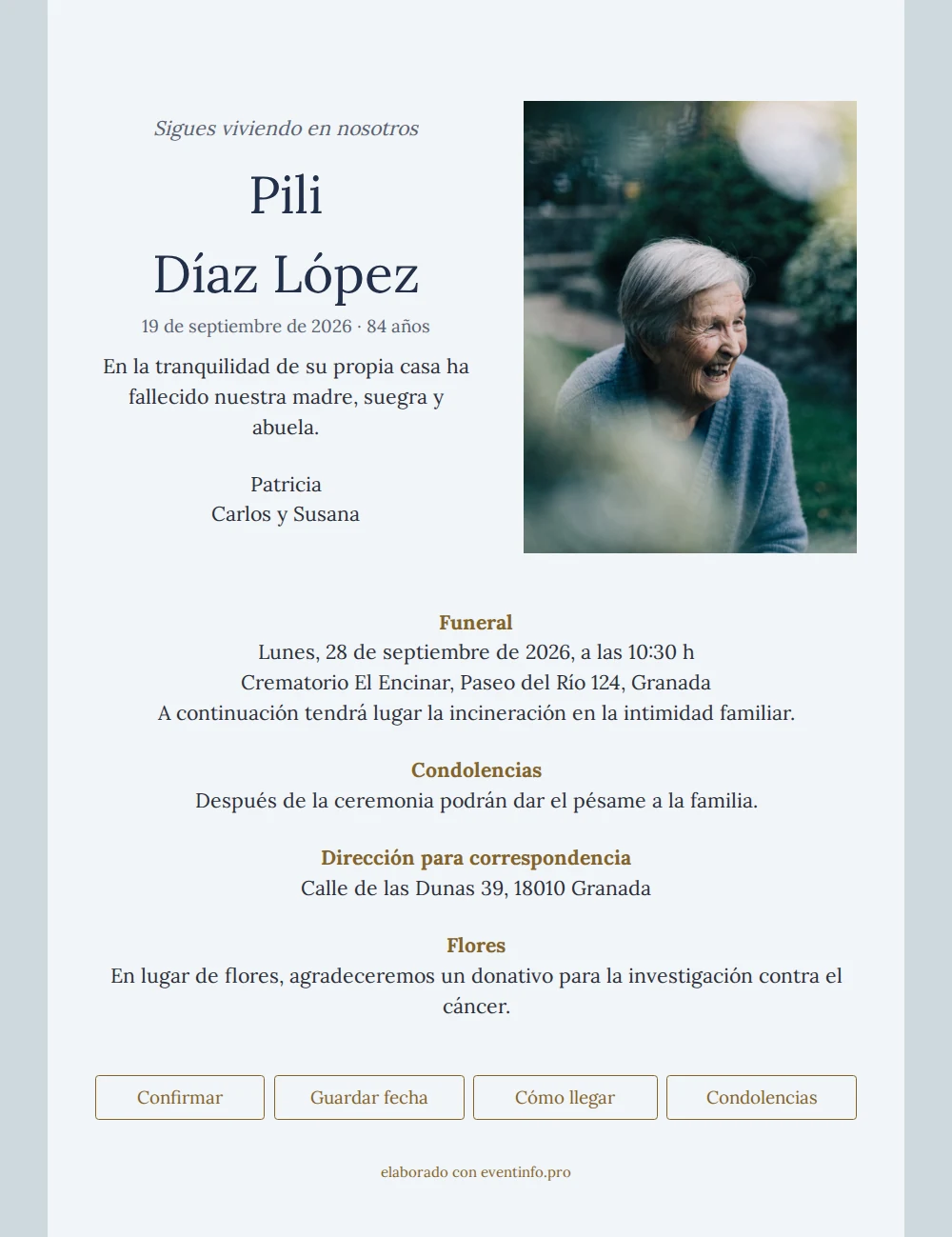 Esquela en azul pálido con títulos dorados &ndash; example 1