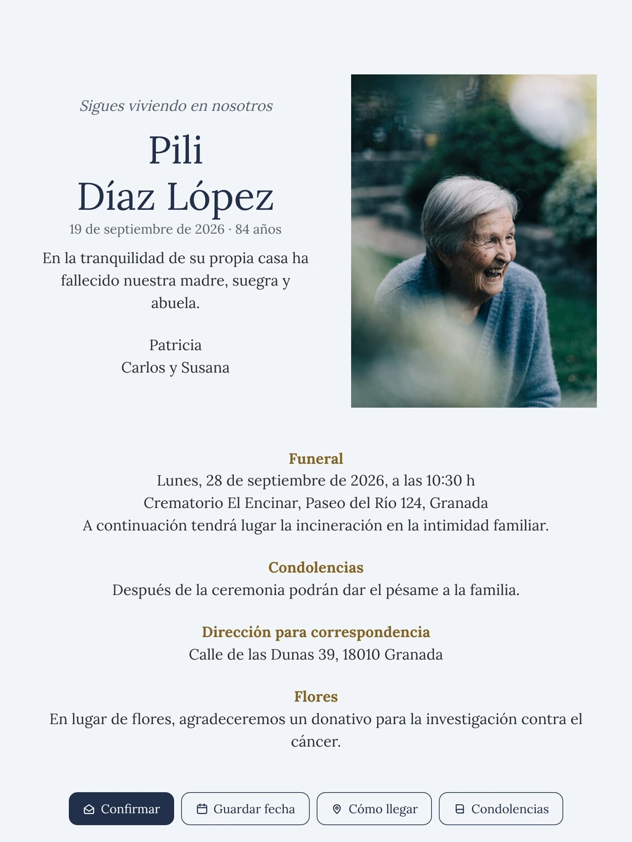 Esquela en azul pálido con títulos dorados