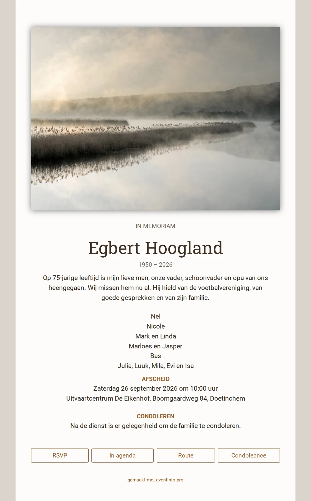 In memoriam kaart met meer in nevel &ndash; example 1
