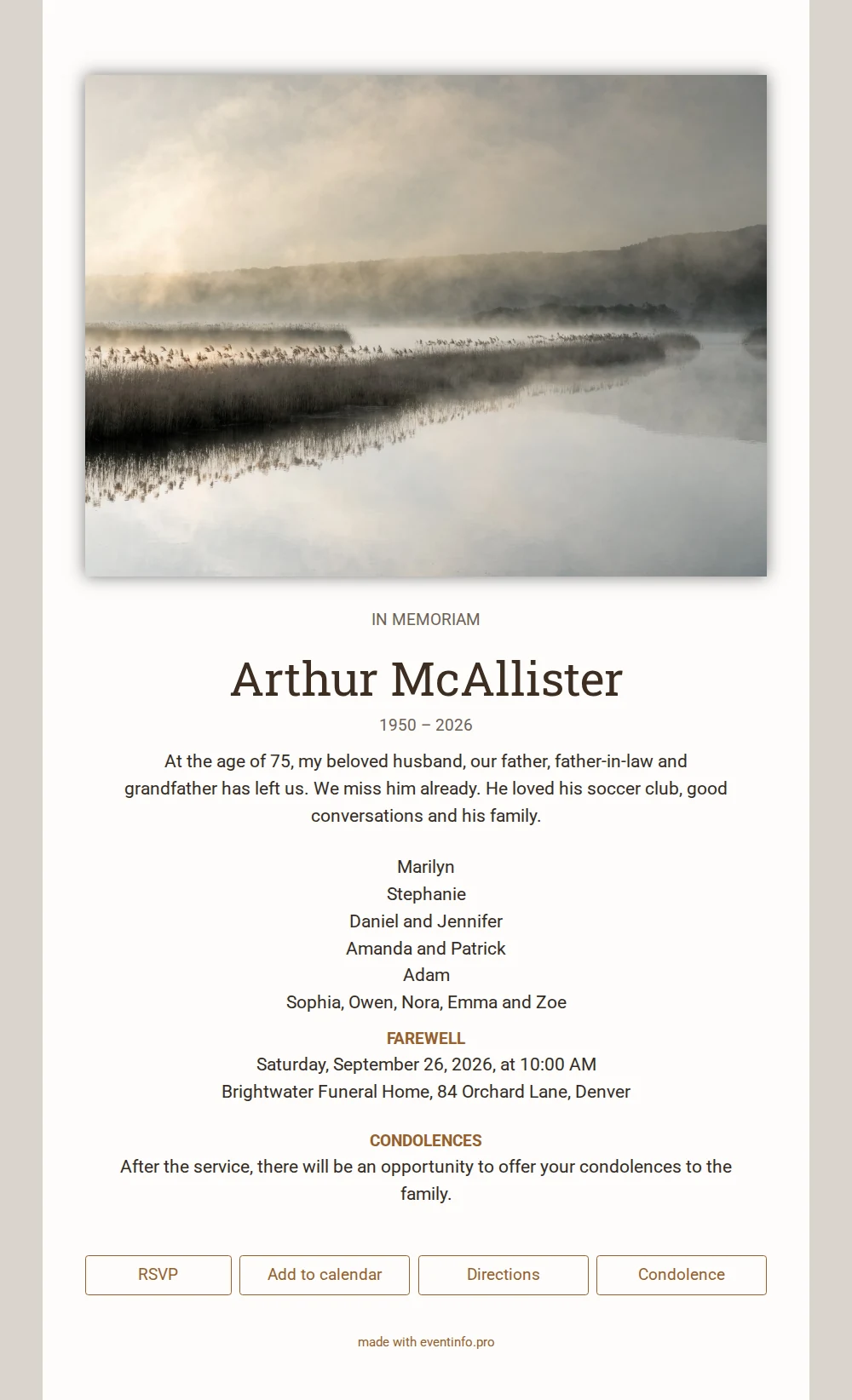 In memoriam card with lake in mist &ndash; example 1