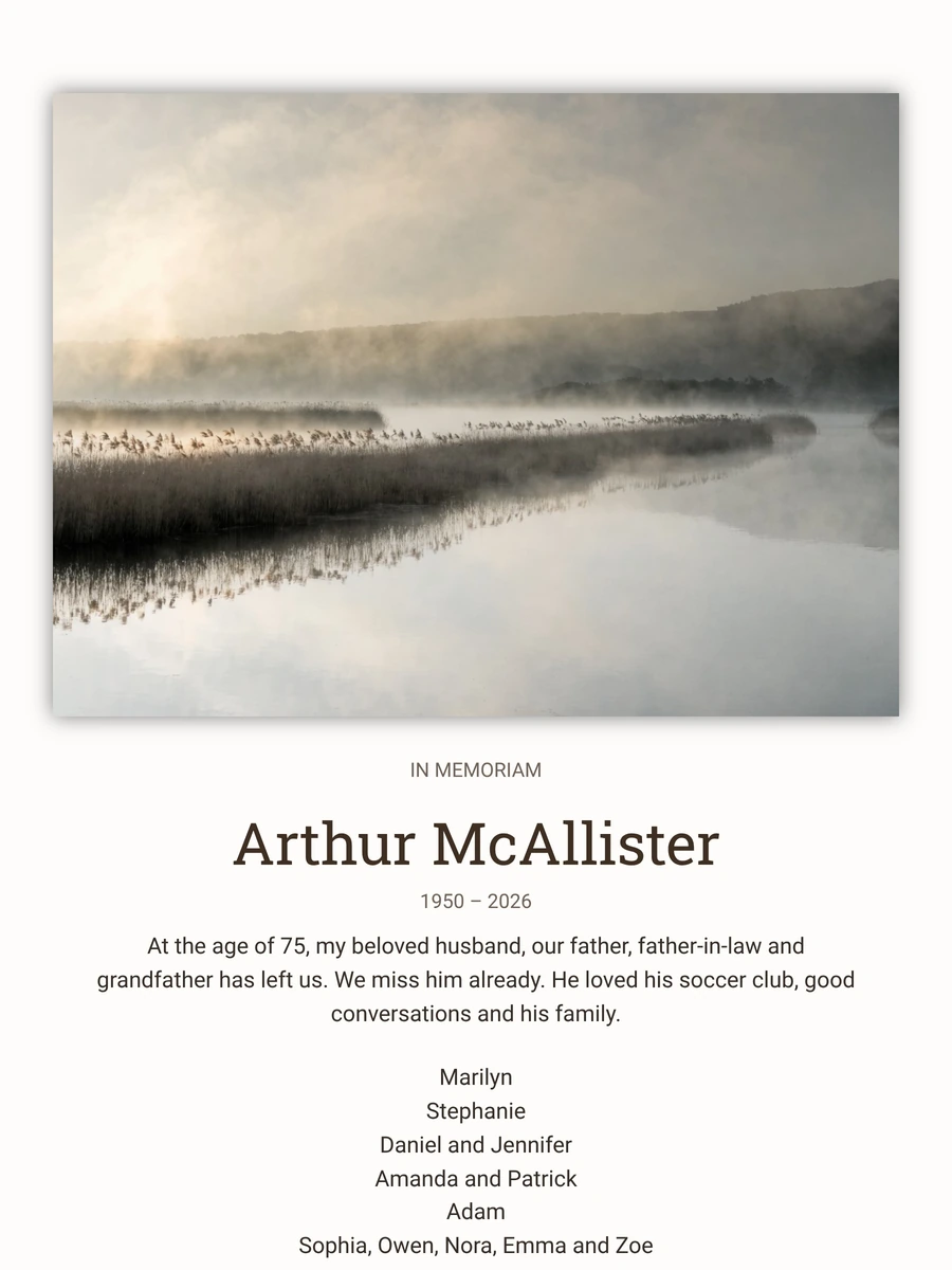 In memoriam card with lake in mist