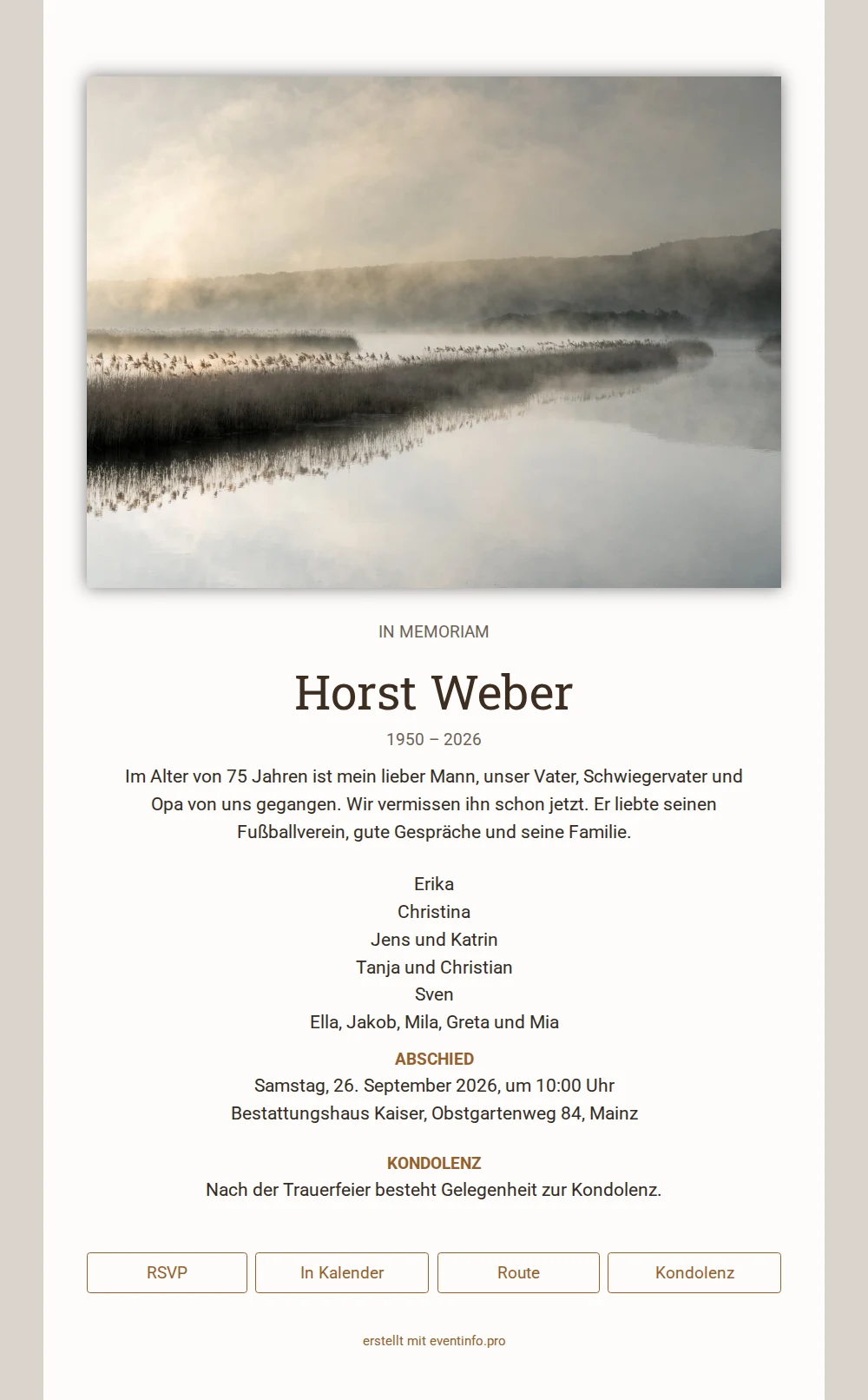 In-memoriam-Karte mit See im Morgennebel &ndash; example 1