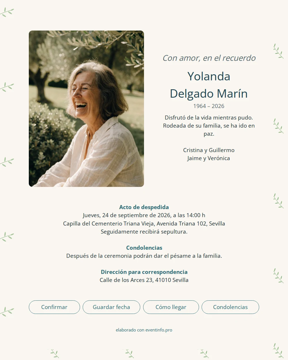 Esquela en crema con borde de olivo &ndash; example 1