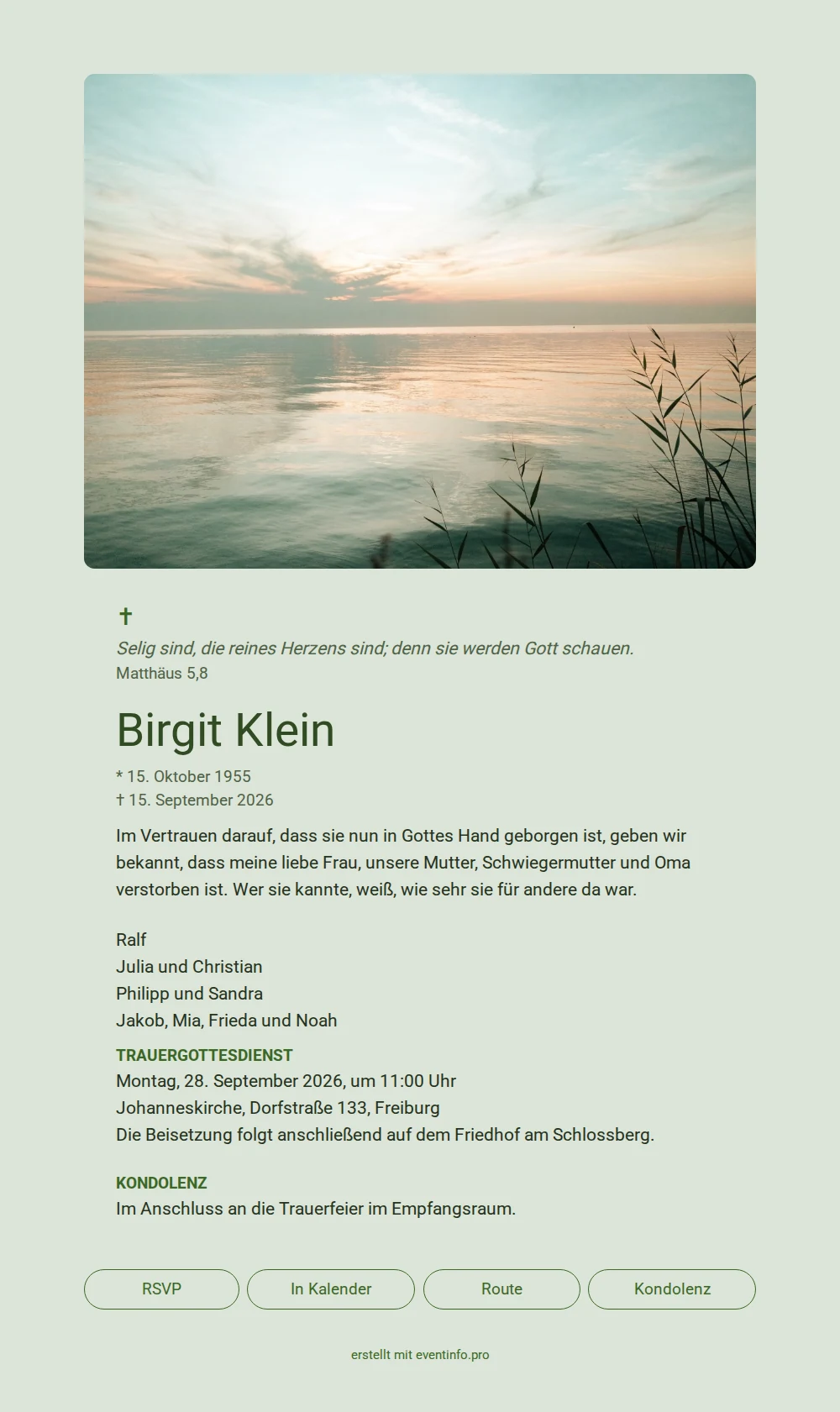 Grüne Trauerkarte mit Kreuz und Bibelvers &ndash; example 1