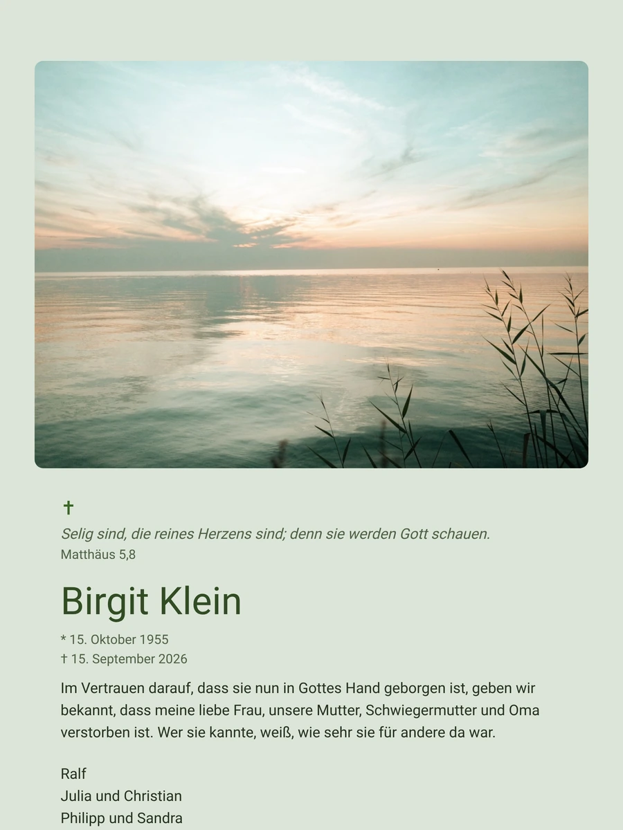 Grüne Trauerkarte mit Kreuz und Bibelvers