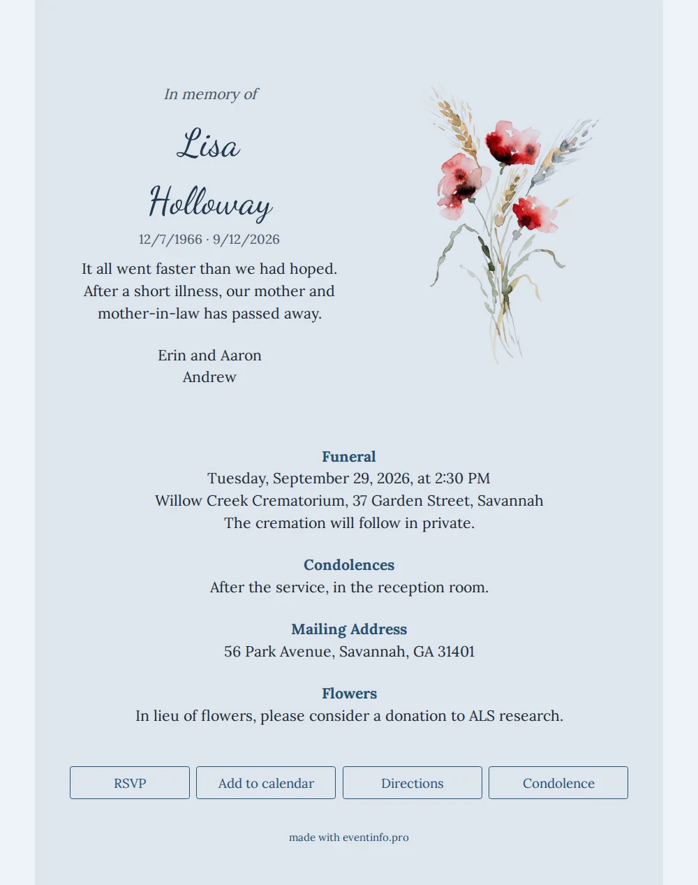 Pale blue funeral card with poppies &ndash; example 1