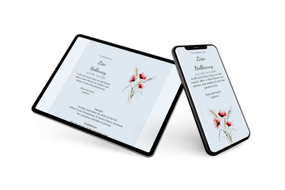 Pale blue funeral card with poppies &ndash; example 2