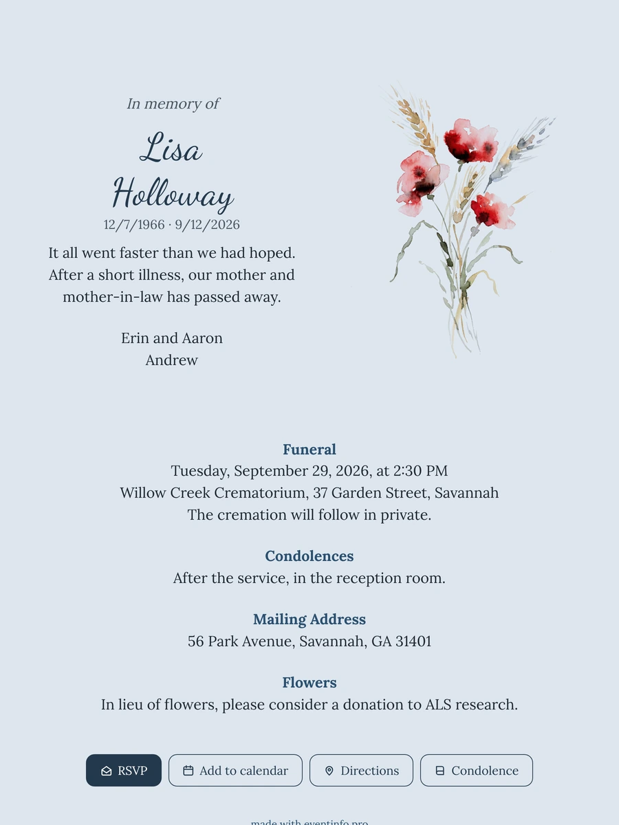 Pale blue funeral card with poppies
