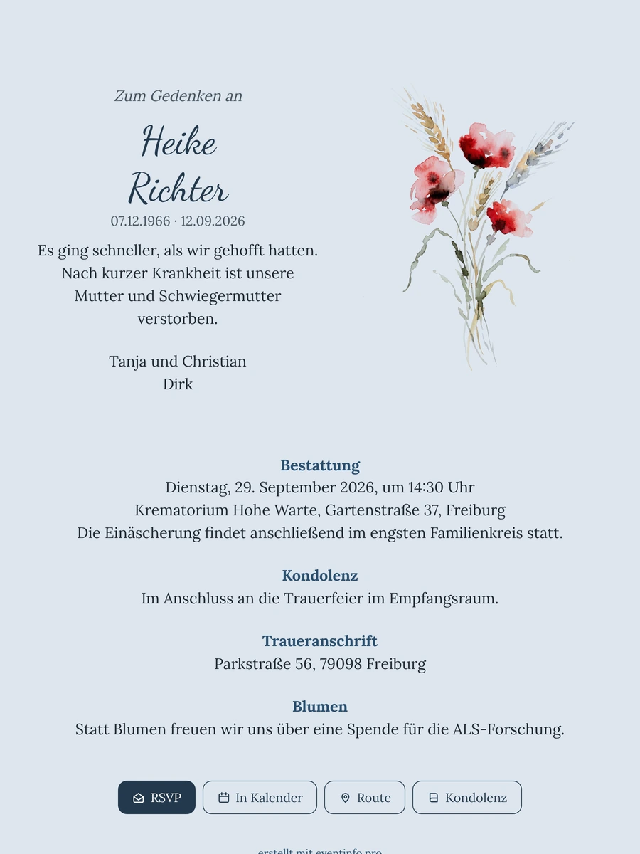 Hellblaue Trauerkarte mit Mohn und Ähren
