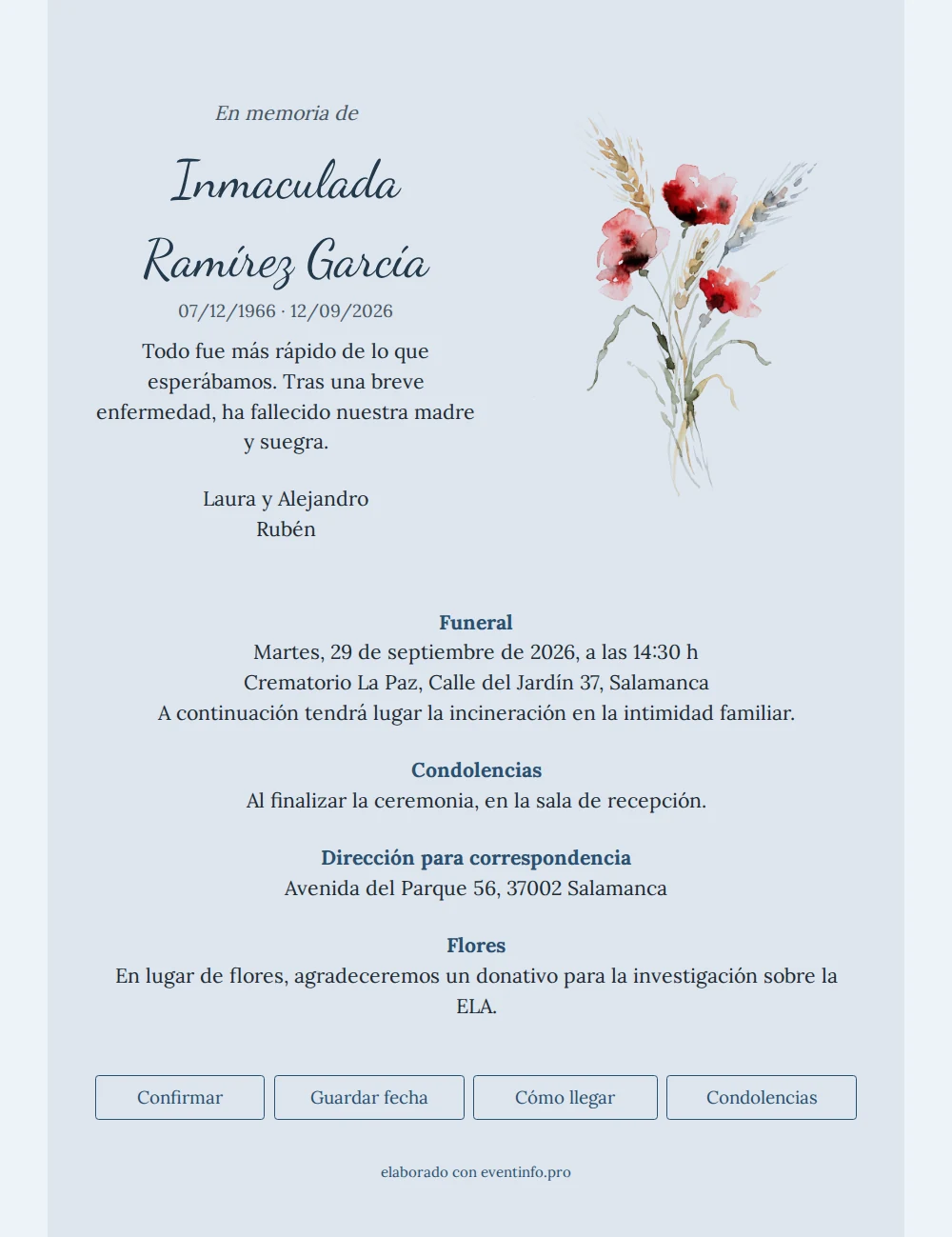 Esquela azul claro con amapolas y espigas &ndash; example 1