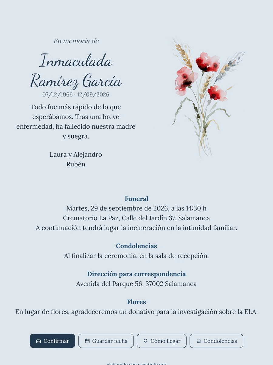 Esquela azul claro con amapolas y espigas