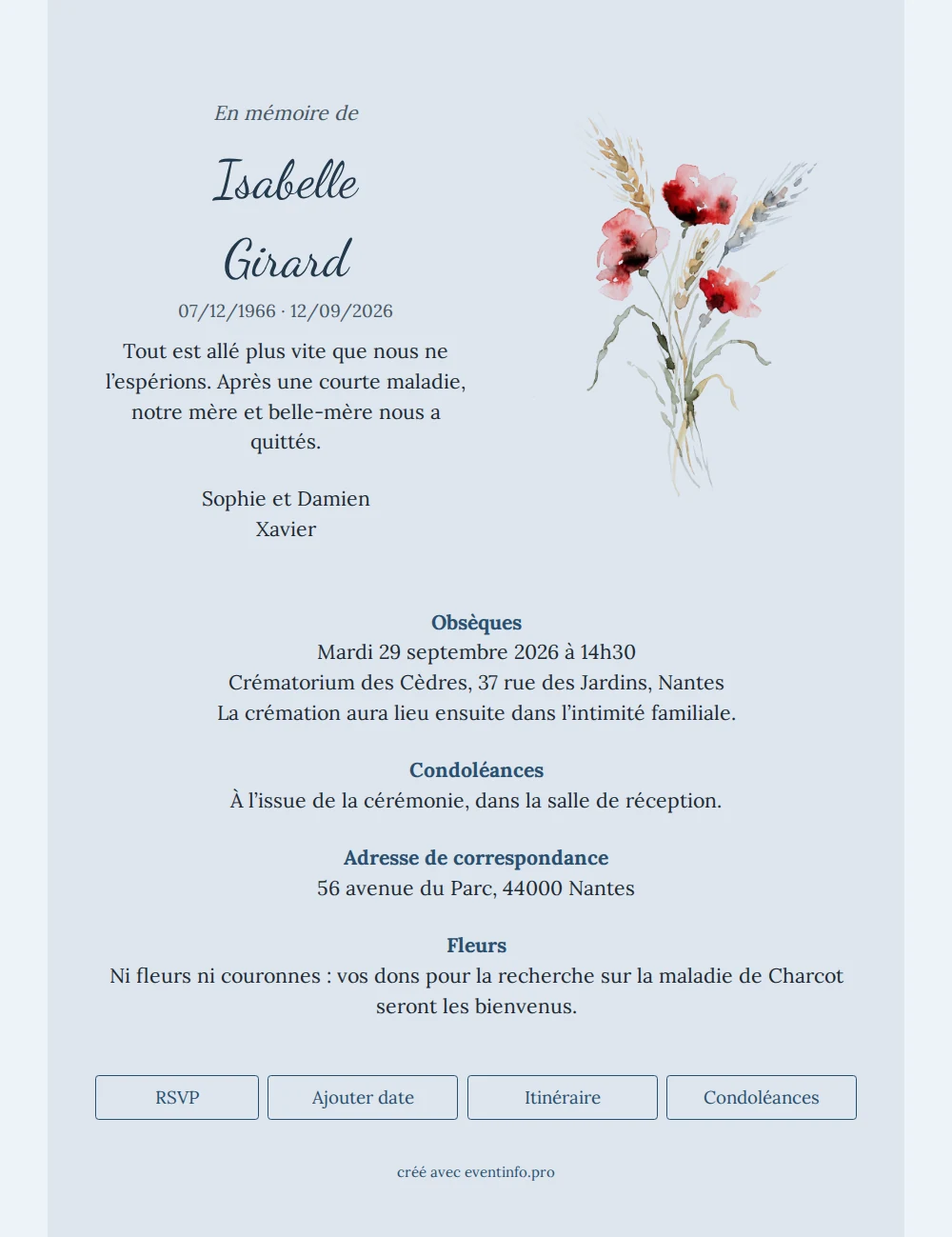 Faire-part bleu pâle, coquelicots et épis &ndash; example 1