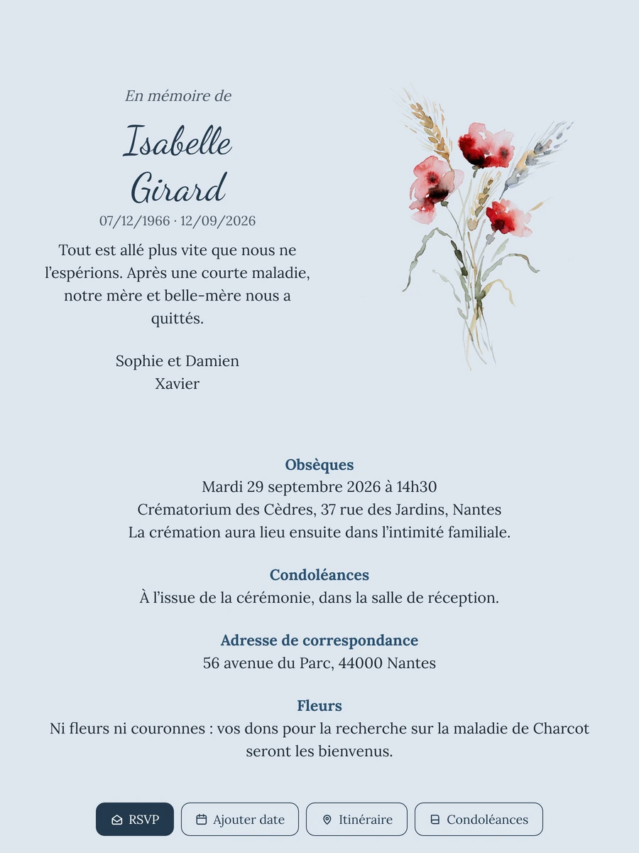 Faire-part bleu pâle, coquelicots et épis