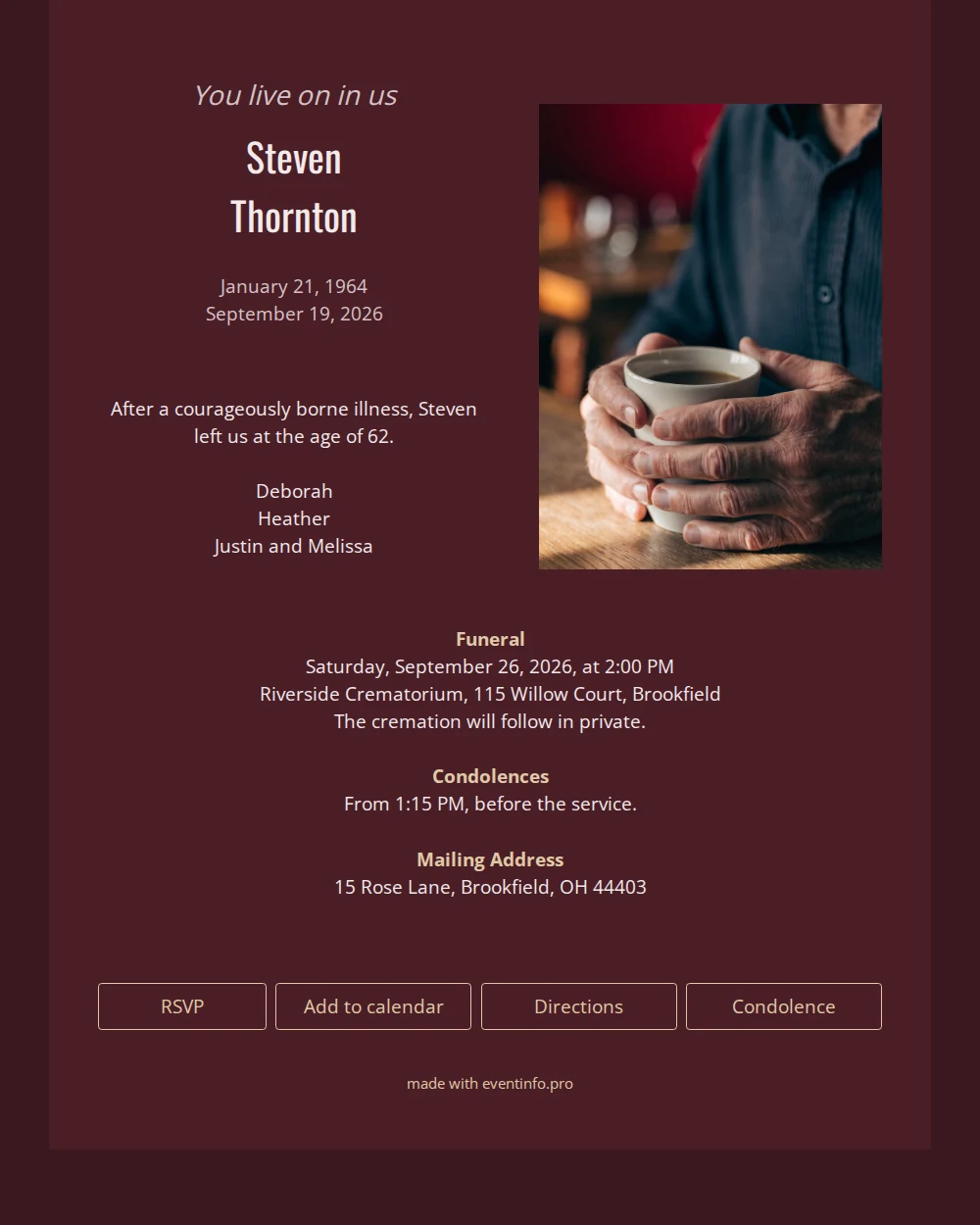 Wine-red funeral card with personal photo &ndash; example 1