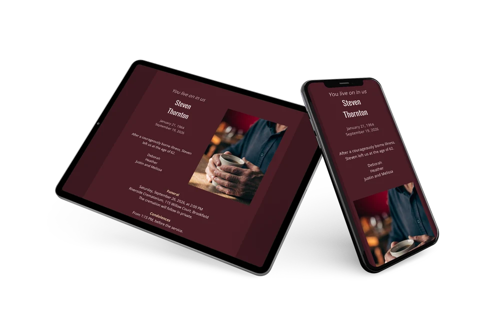 Wine-red funeral card with personal photo &ndash; example 2