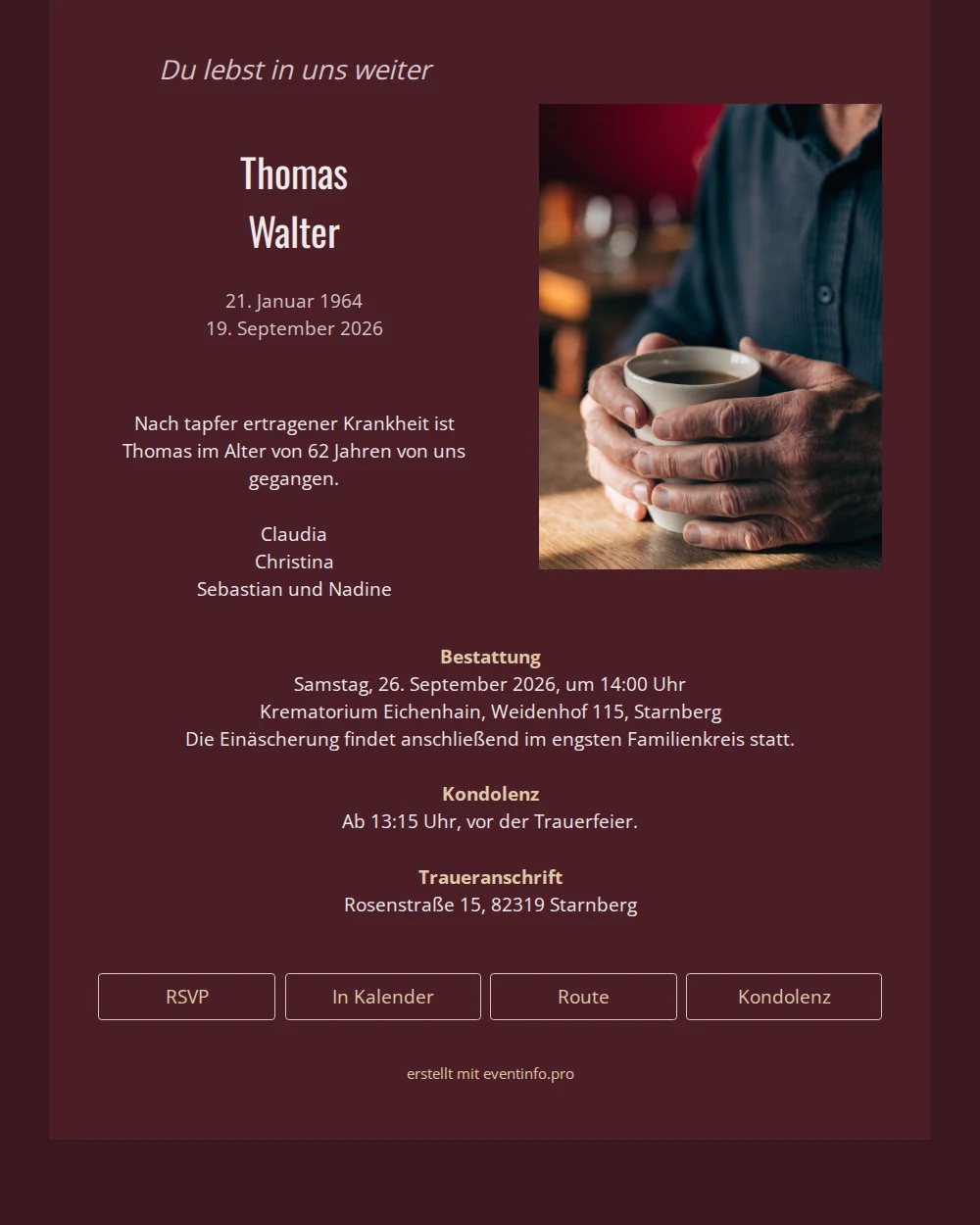 Weinrote Trauerkarte mit persönlichem Foto &ndash; example 1