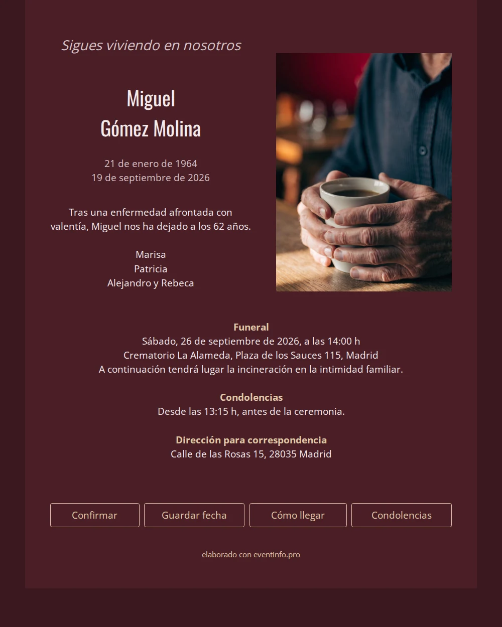Esquela color vino con foto personal &ndash; example 1