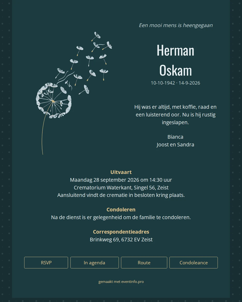 Petrolblauwe rouwkaart met uitwaaiende paardenbloem &ndash; example 1
