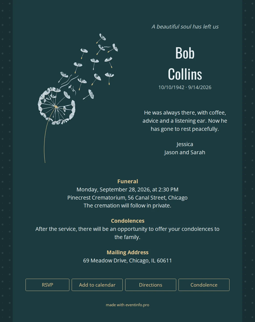 Dandelion funeral card in deep teal &ndash; example 1