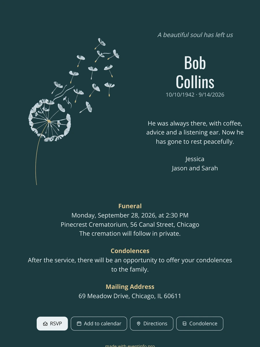 Dandelion funeral card in deep teal