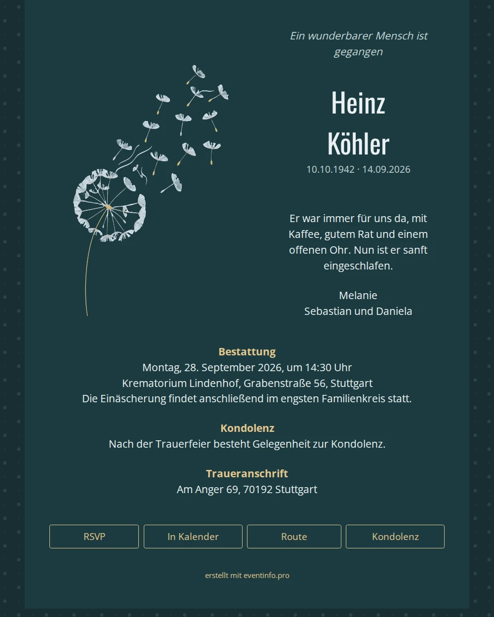 Digitale Trauerkarte mit Pusteblume in Petrol &ndash; example 1
