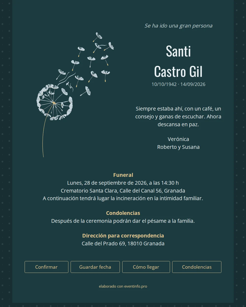 Esquela online en azul petróleo &ndash; example 1
