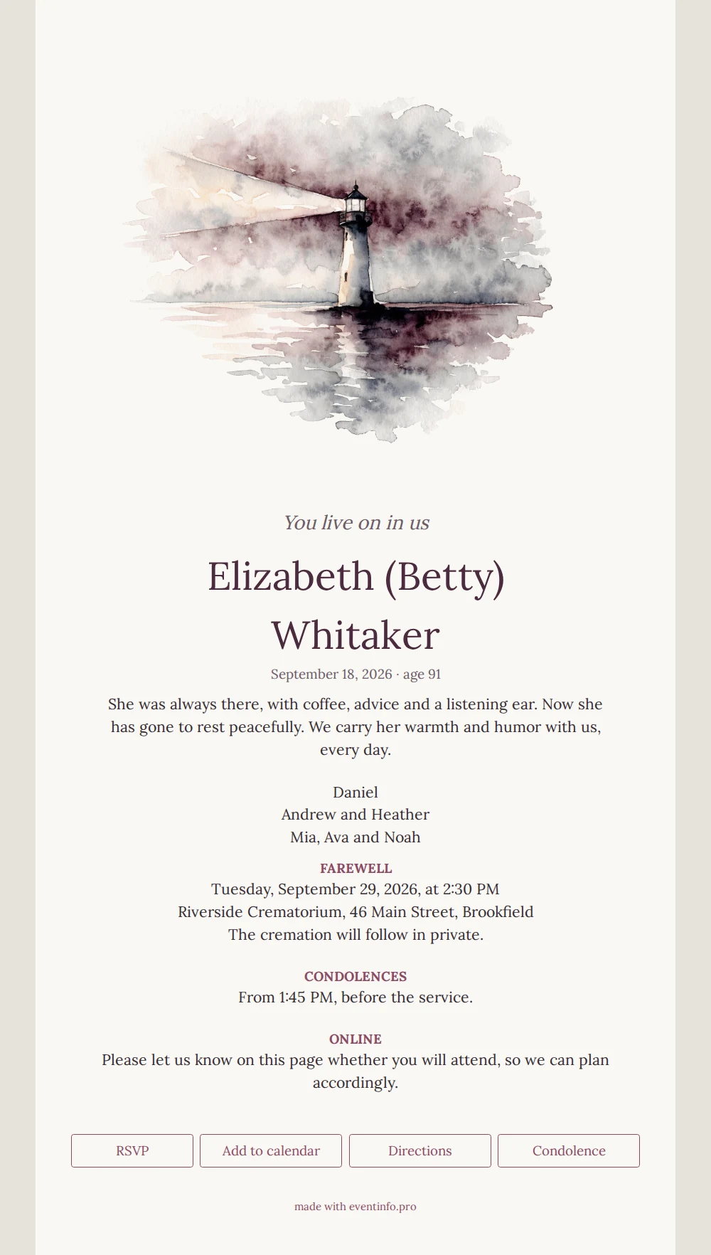 Pale funeral card with a painted lighthouse &ndash; example 1