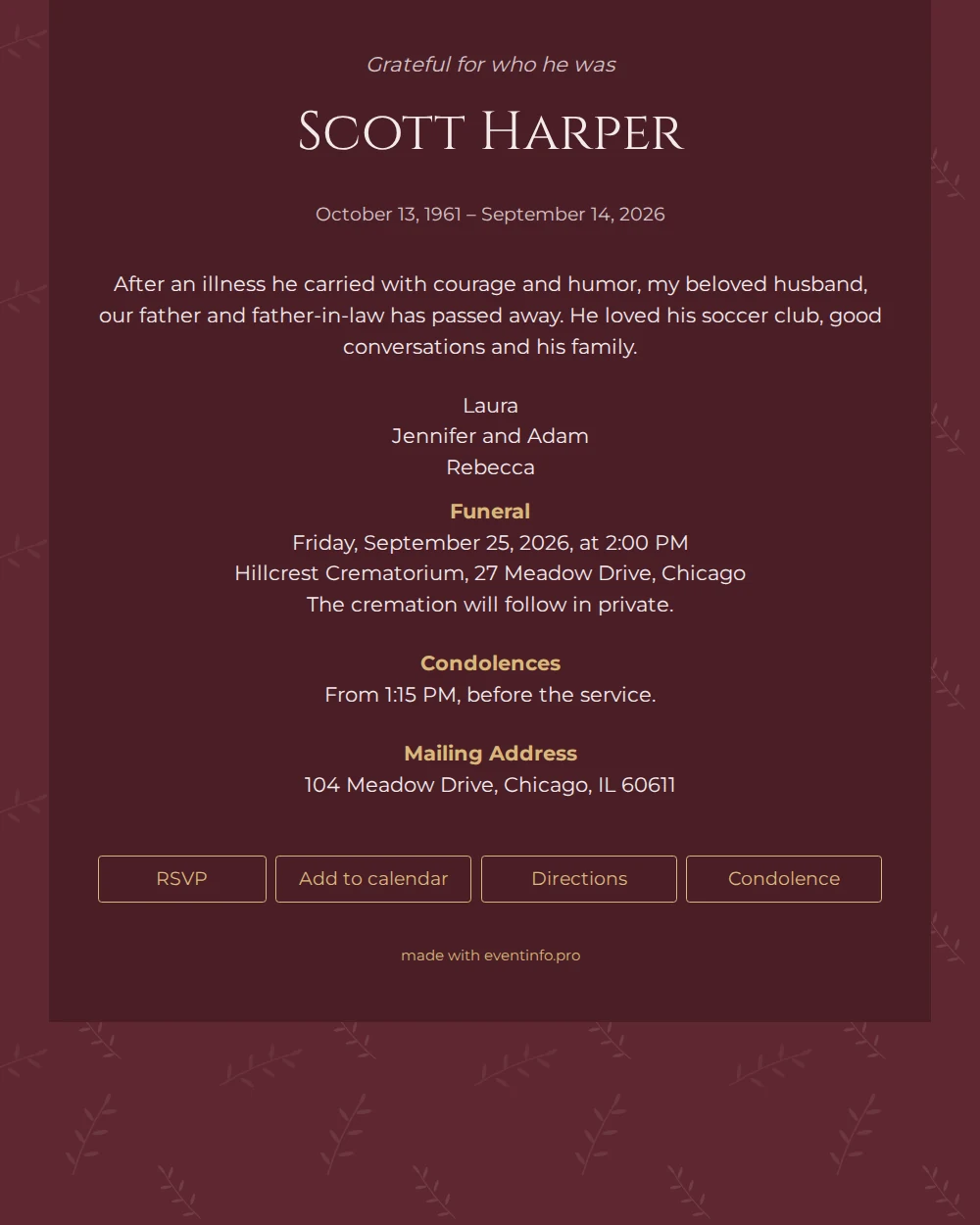 Funeral card in burgundy with olive branches &ndash; example 1