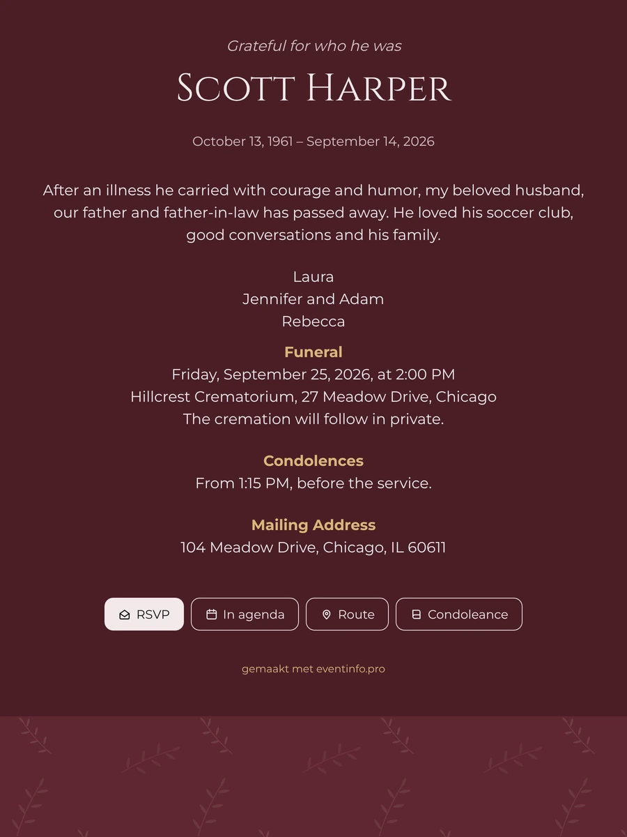 Funeral card in burgundy with olive branches
