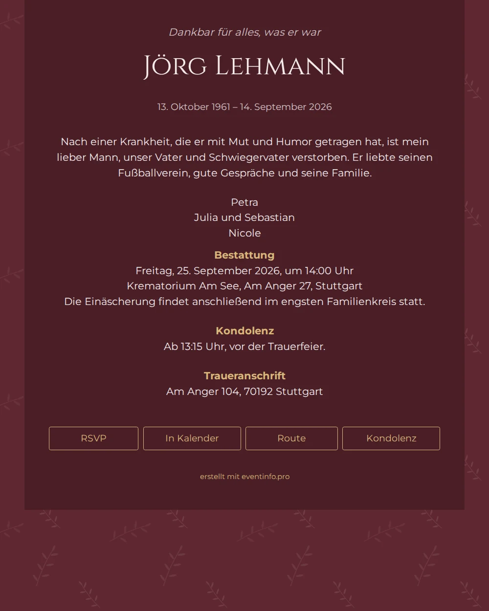 Digitale Trauerkarte in Bordeaux und Gold &ndash; example 1