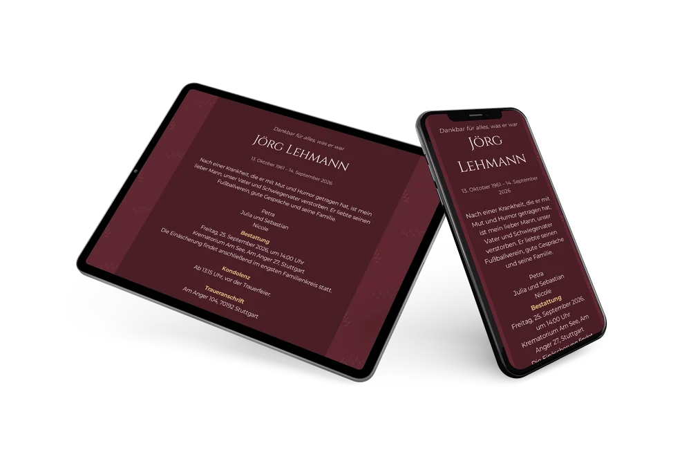 Digitale Trauerkarte in Bordeaux und Gold &ndash; example 2