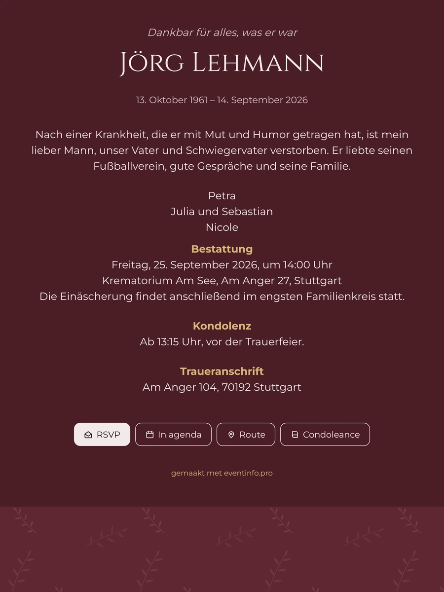 Digitale Trauerkarte in Bordeaux und Gold