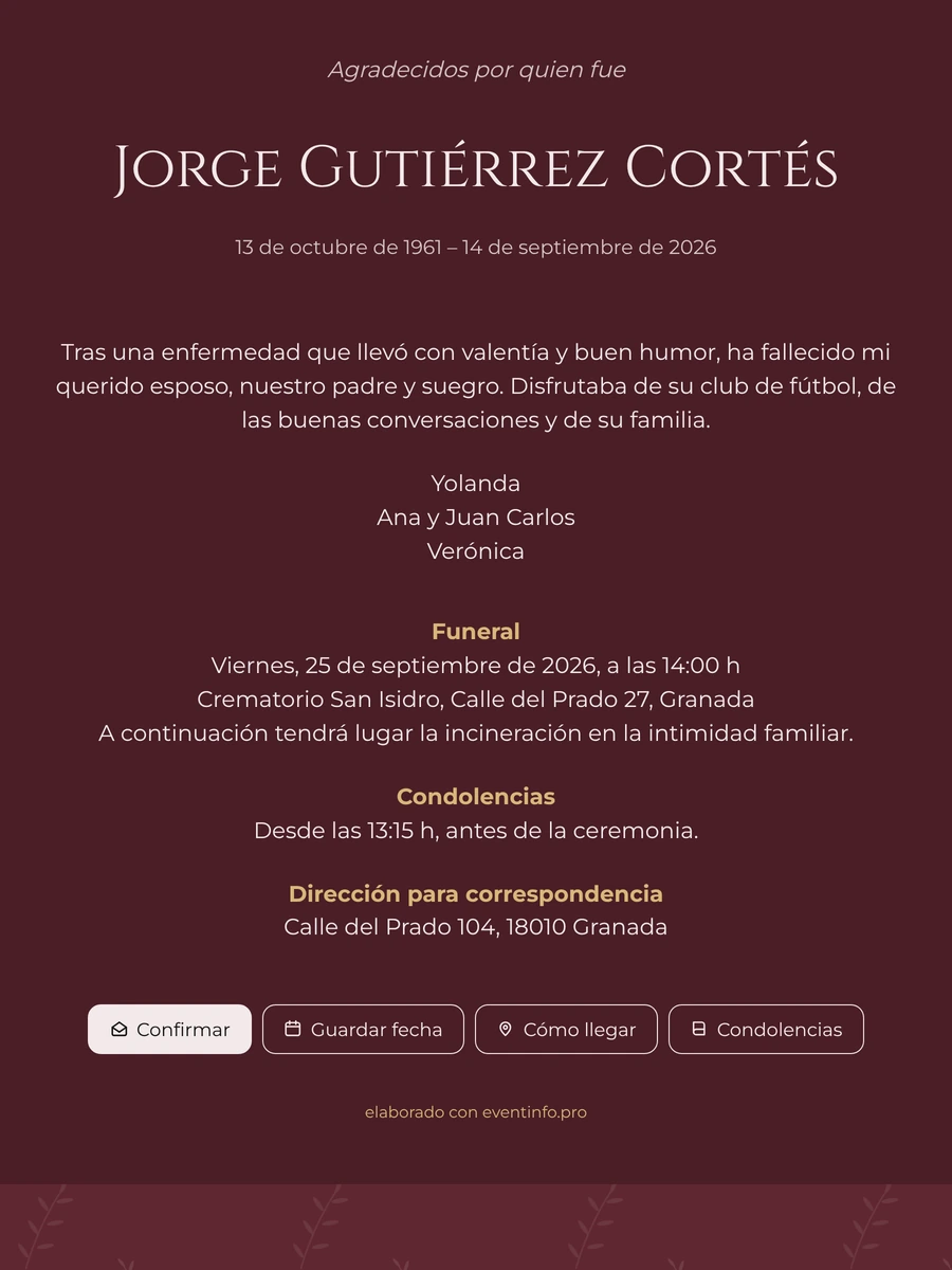 Esquela online burdeos con ramas de olivo