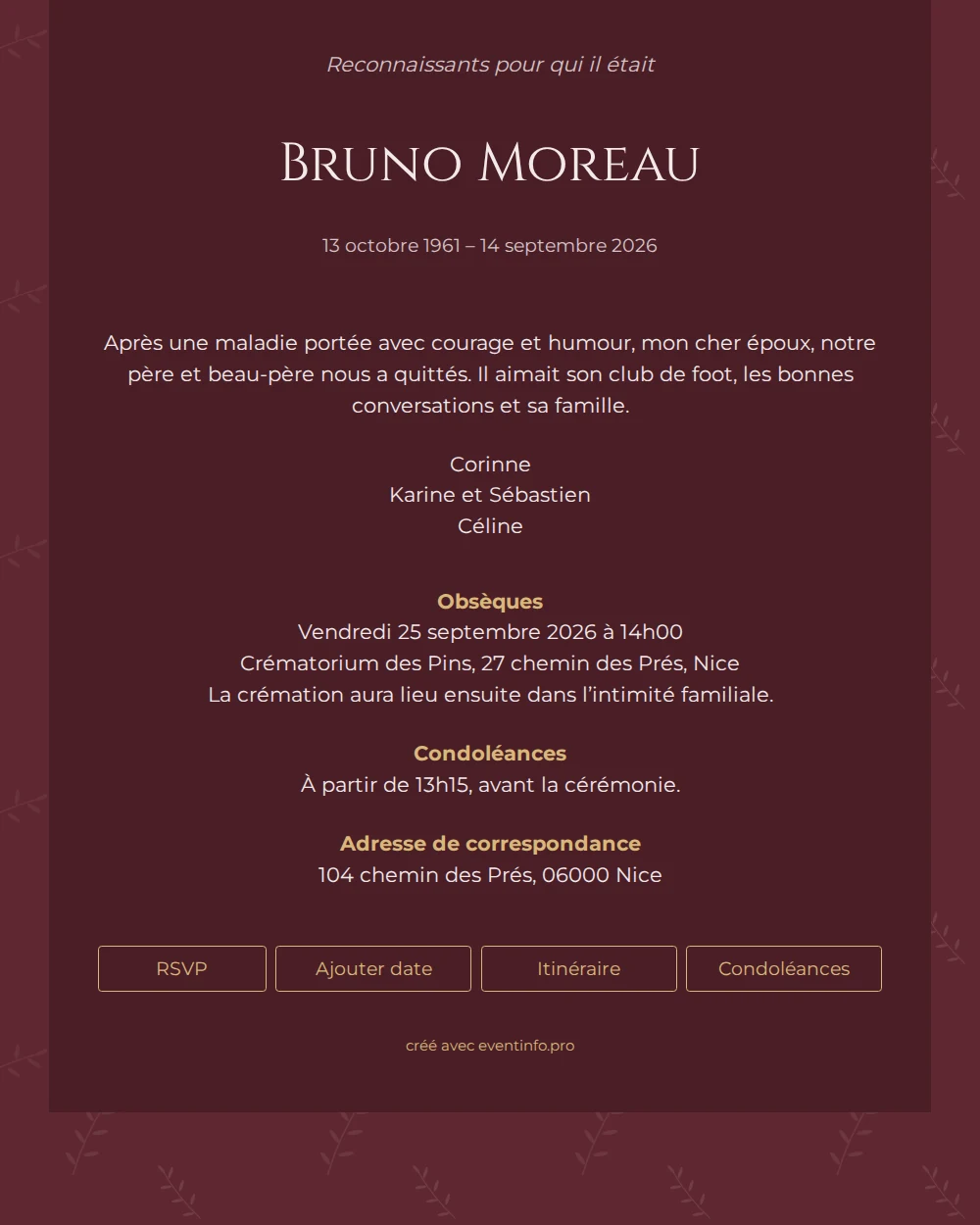 Faire-part bordeaux aux rameaux et capitales &ndash; example 1
