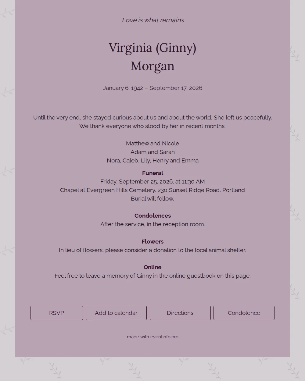 Lilac funeral card with olive branches &ndash; example 1