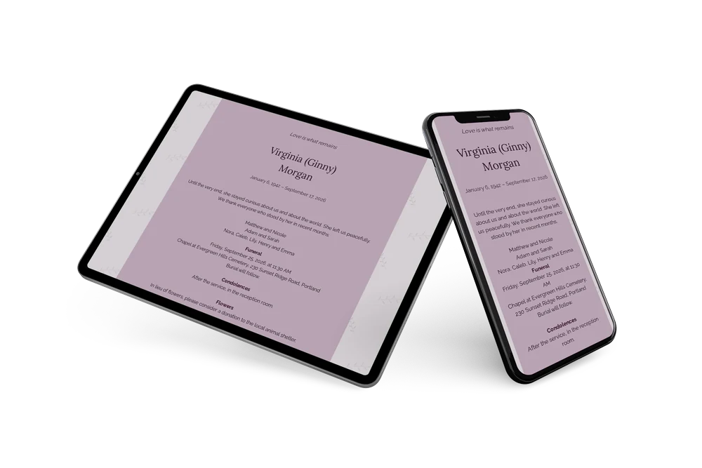 Lilac funeral card with olive branches &ndash; example 2