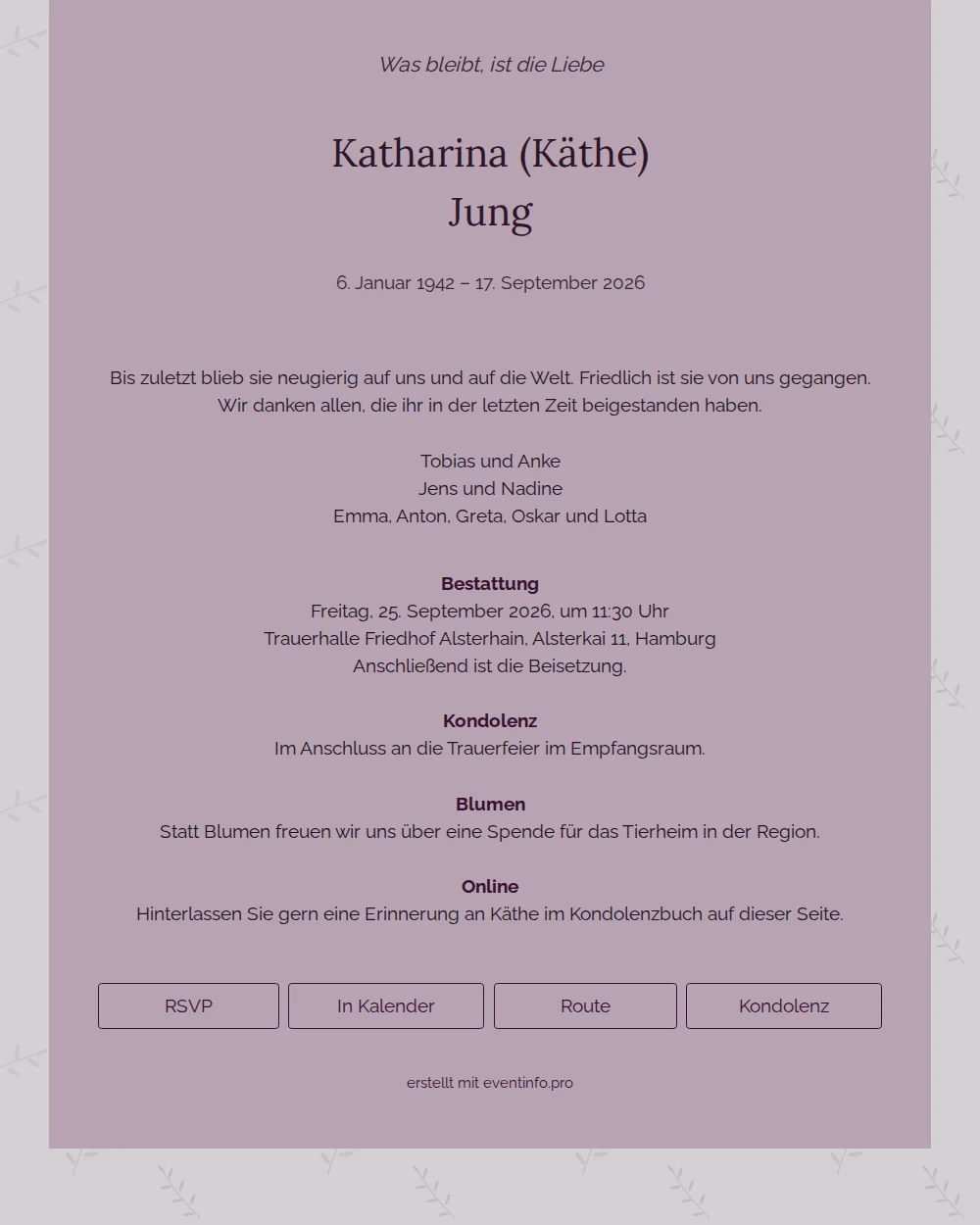 Trauerkarte in Flieder und Pflaume &ndash; example 1