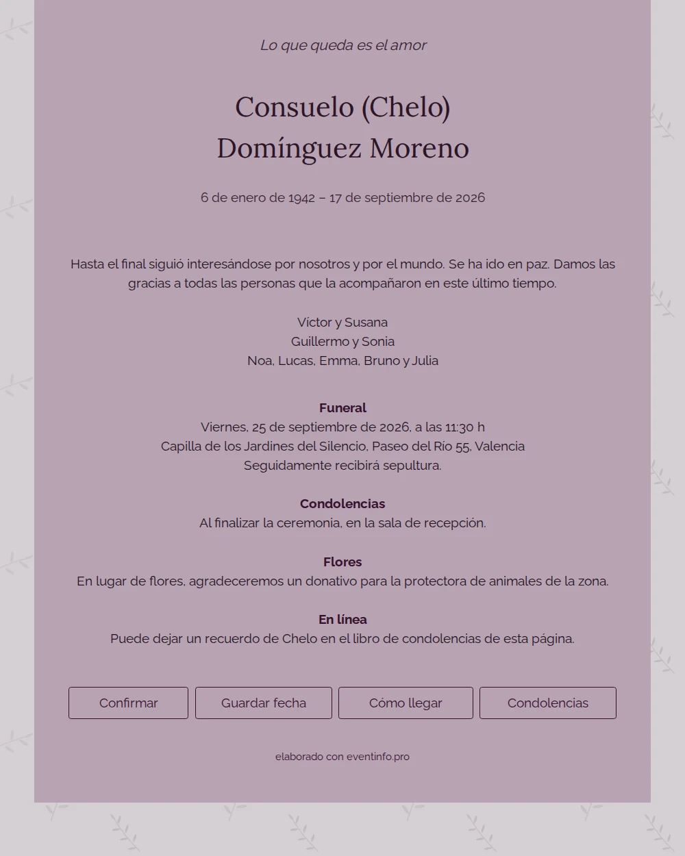 Esquela en lila y ciruela con olivo &ndash; example 1