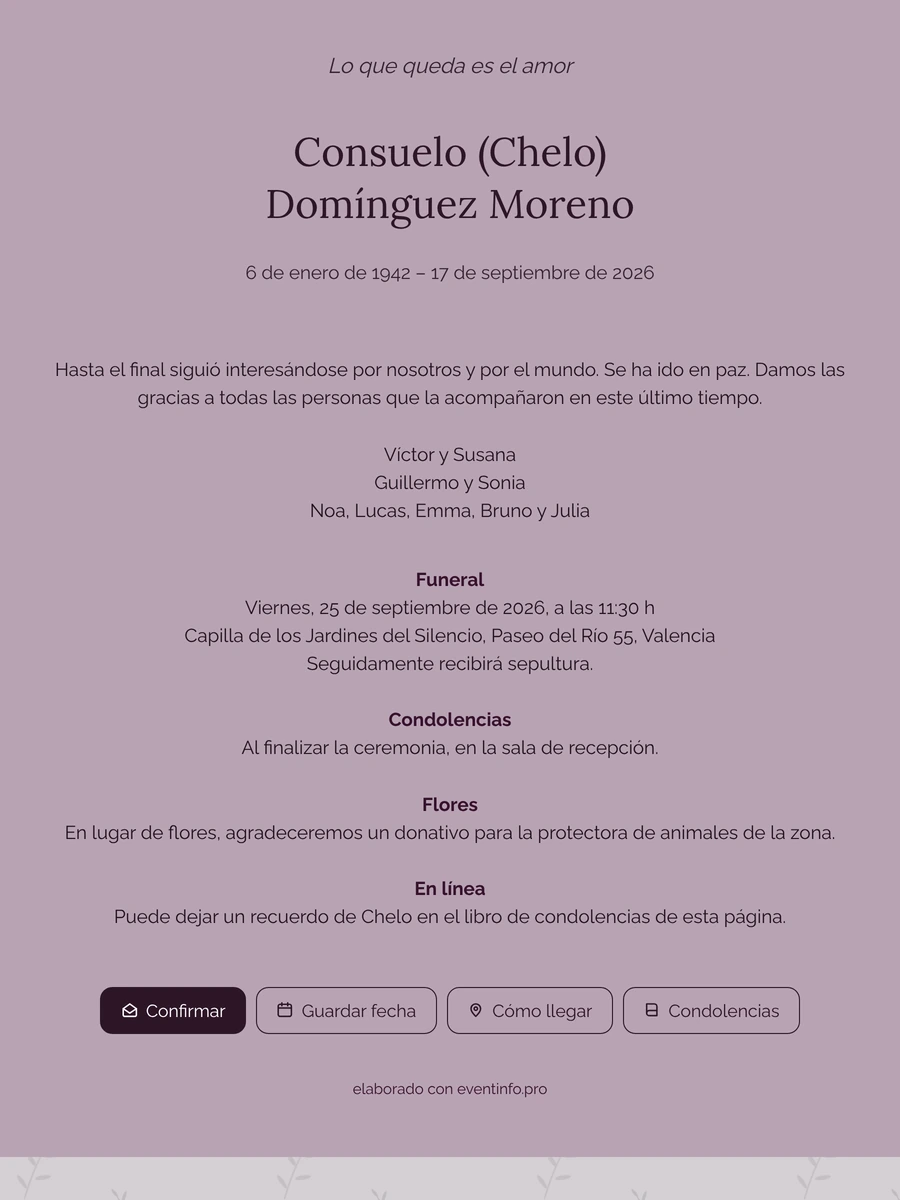 Esquela en lila y ciruela con olivo