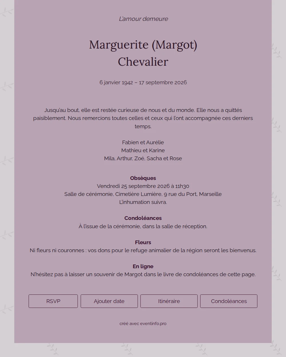 Faire-part de décès lilas et prune &ndash; example 1