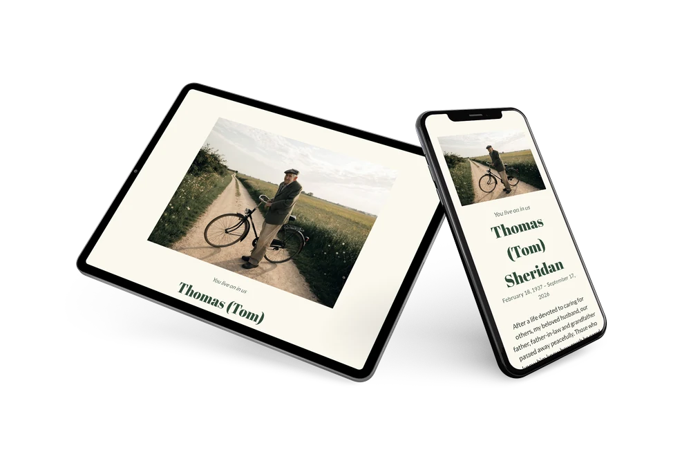 Funeral card with photo and green name &ndash; example 2
